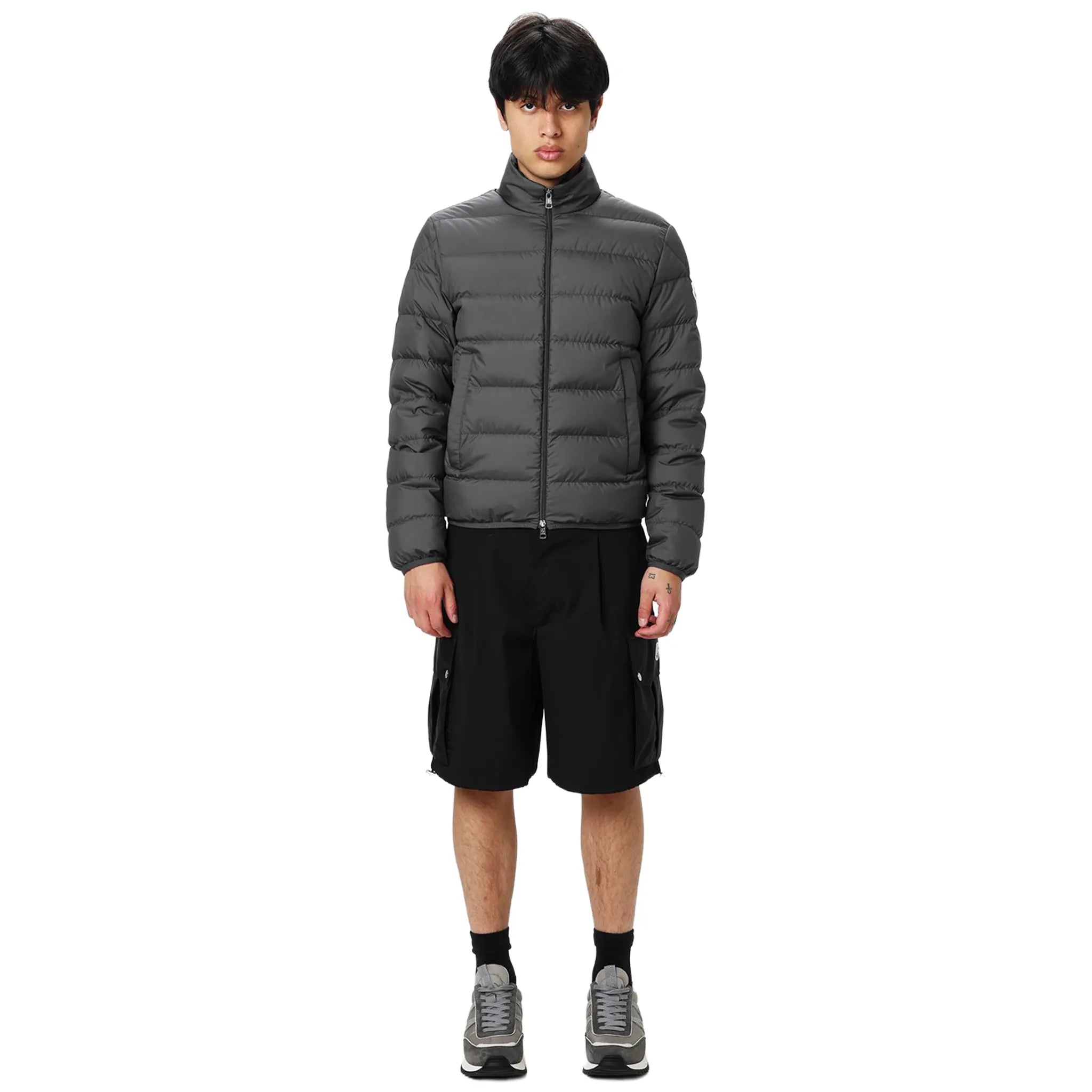 Side View of Moncler Baudinet Short Down Charcoal Jacket K20911A0013854A81